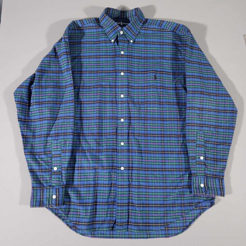 Ralph Lauren Big Shirt Mens M Blue Green Plaid Cotton Long Sleeve Button Down